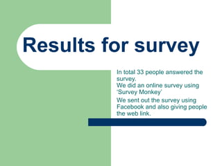 Results for survey In total 33 people answered the survey.  We did an online survey using ‘Survey Monkey’ We sent out the survey using Facebook and also giving people the web link. 