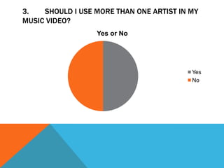 3.   SHOULD I USE MORE THAN ONE ARTIST IN MY
MUSIC VIDEO?
                  Yes or No




                                          Yes
                                          No
 