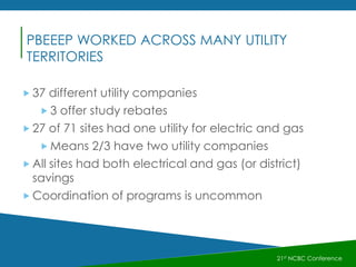 21st NCBC Conference
PBEEEP WORKED ACROSS MANY UTILITY
TERRITORIES
 37 different utility companies
 3 offer study rebates
 27 of 71 sites had one utility for electric and gas
 Means 2/3 have two utility companies
 All sites had both electrical and gas (or district)
savings
 Coordination of programs is uncommon
 