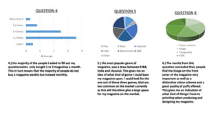 0 1 2 3 4 
More than 6 
5-6 times 
3-4 times 
1-2 times 
I don’t 
QUESTION 4 
Average 
QUESTION 5 
Pop Rock Classical 
Ind...