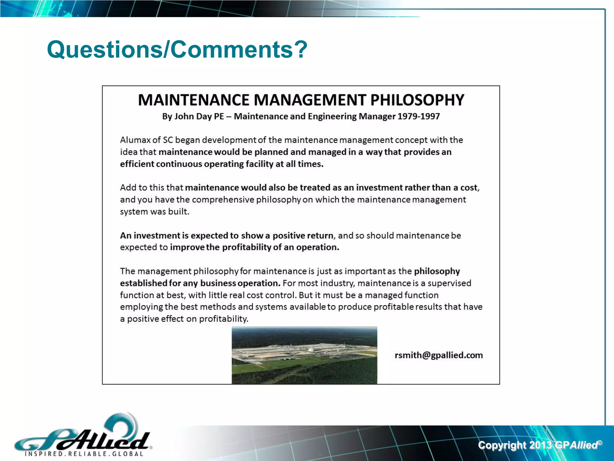 Questions/Comments?




                      Copyright 2013 GPAllied©
 