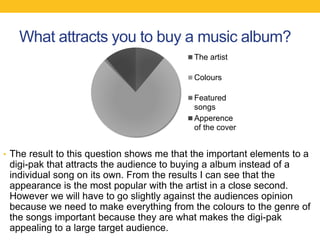 What attracts you to buy a music album?
• The result to this question shows me that the important elements to a
digi-pak that attracts the audience to buying a album instead of a
individual song on its own. From the results I can see that the
appearance is the most popular with the artist in a close second.
However we will have to go slightly against the audiences opinion
because we need to make everything from the colours to the genre of
the songs important because they are what makes the digi-pak
appealing to a large target audience.
The artist
Colours
Featured
songs
Apperence
of the cover
 