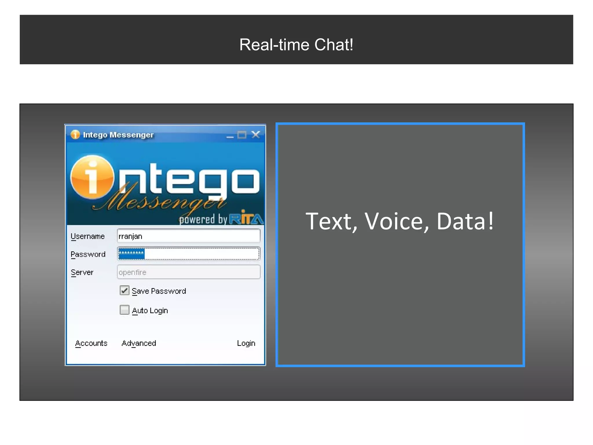 Real-time Chat!




        Text, Voice, Data!
 