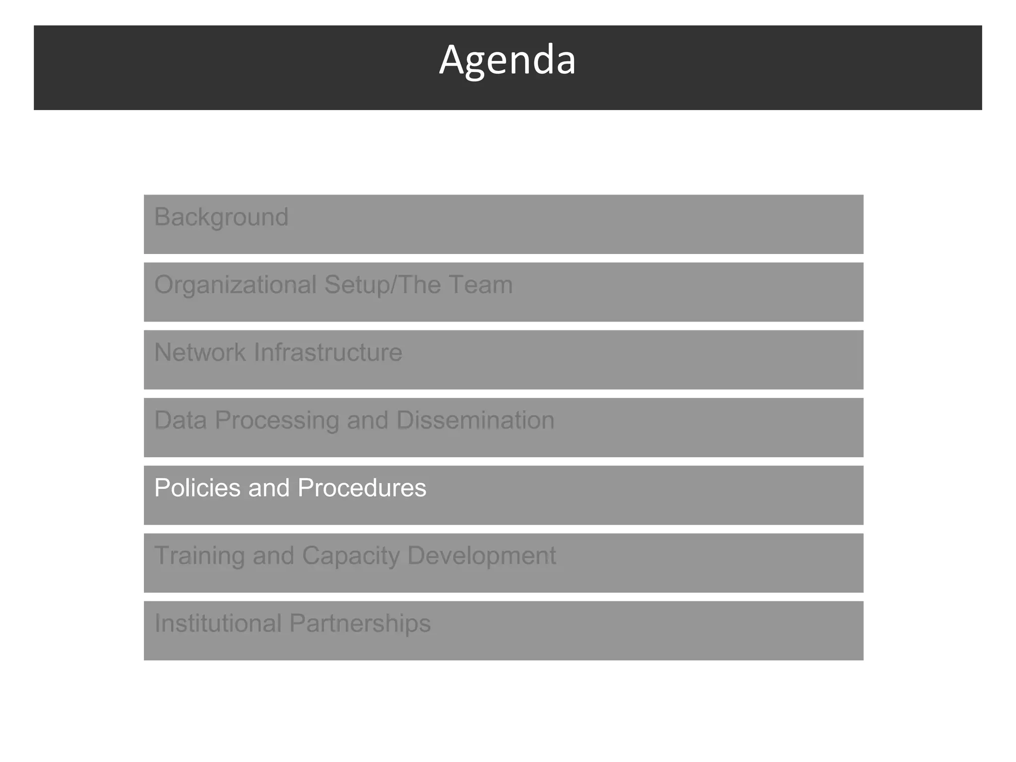 Agenda


Background

Organizational Setup/The Team

Network Infrastructure

Data Processing and Dissemination

Policies and Procedures

Training and Capacity Development

Institutional Partnerships
 
