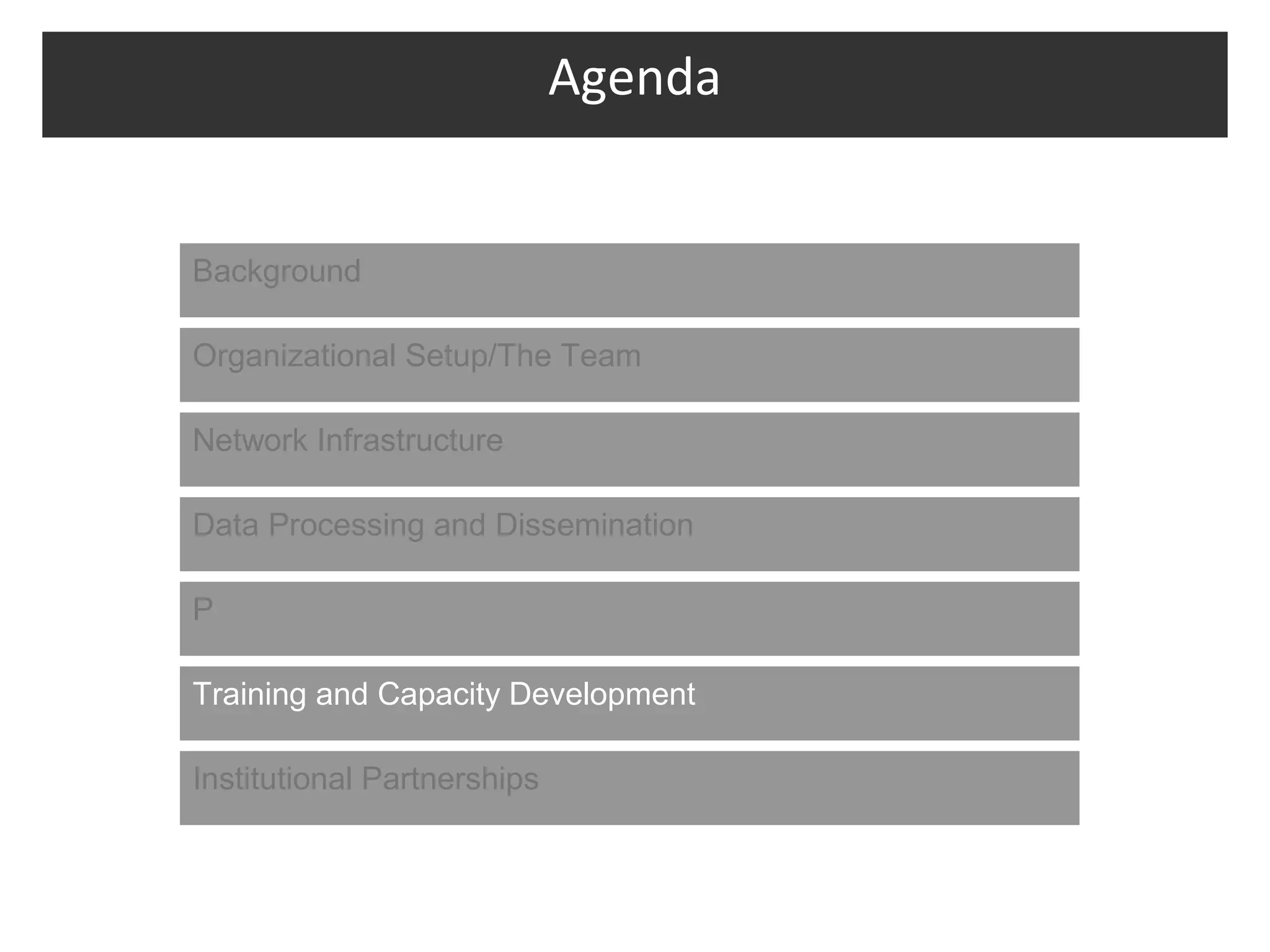 Agenda


Background

Organizational Setup/The Team

Network Infrastructure

Data Processing and Dissemination

P

Training and Capacity Development

Institutional Partnerships
 