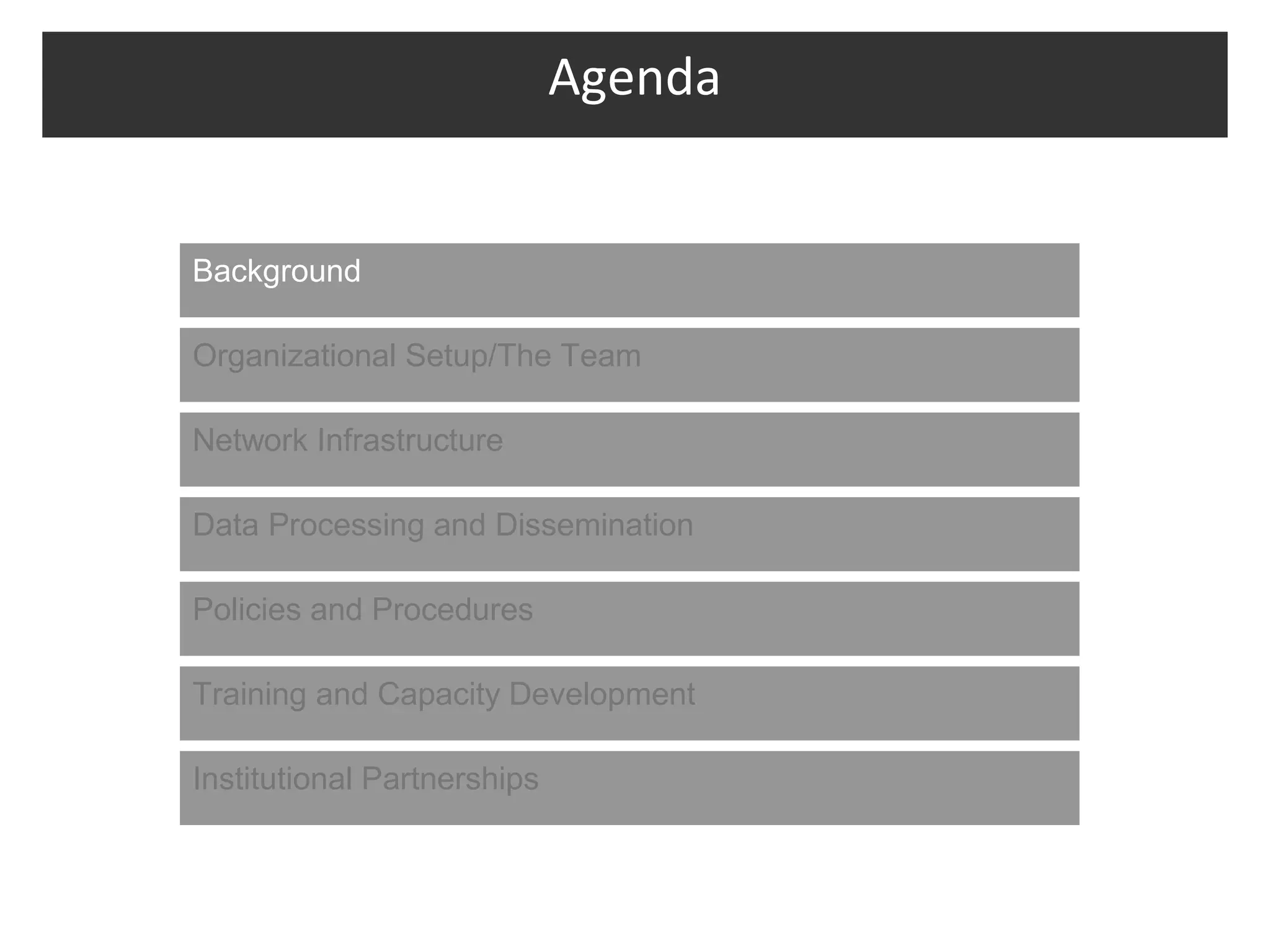 Agenda


Background

Organizational Setup/The Team

Network Infrastructure

Data Processing and Dissemination

Policies and Procedures

Training and Capacity Development

Institutional Partnerships
 