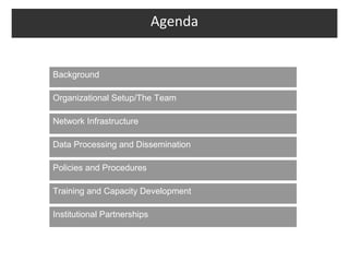 Agenda


Background

Organizational Setup/The Team

Network Infrastructure

Data Processing and Dissemination

Policies and Procedures

Training and Capacity Development

Institutional Partnerships
 