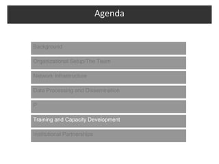 Agenda


Background

Organizational Setup/The Team

Network Infrastructure

Data Processing and Dissemination

P

Training and Capacity Development

Institutional Partnerships
 