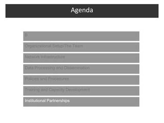 Agenda


B

Organizational Setup/The Team

Network Infrastructure

Data Processing and Dissemination

Policies and Procedures

Training and Capacity Development

Institutional Partnerships
 