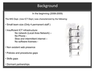 Background
                            In the beginning (2008-2009)

The MIS Dept. (now ICT Dept.) was characterized by the following:

• Small team size (Only 4 permanent staff )

• Insufficient ICT infrastructure:
           No network (Local Area Network) –
           No Phone -
           Slow and intermittent internet –
           No software licenses -

• Non existent web presence

• Policies and procedures gaps

• Skills gaps

• Dormant partnerships
 