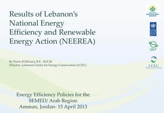 Results of Lebanon’s
National Energy
Efficiency and Renewable
Energy Action (NEEREA)
By Pierre El Khoury, B.E., M.E.M.
Director- Lebanese Center for Energy Conservation (LCEC)
Energy Efficiency Policies for the
SEMED/ Arab Region
Amman, Jordan- 15 April 2013
 