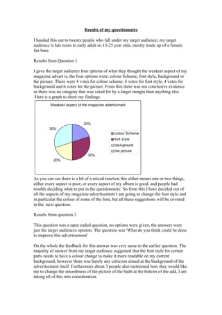 Results of my questionnaire

I handed this out to twenty people who fall under my target audience; my target
audience is late teens to early adult so 13-25 year olds, mostly made up of a female
fan base.

Results from Question 1

I gave the target audience four options of what they thought the weakest aspect of my
magazine advert is, the four options were: colour Scheme, font style, background or
the picture. There were 4 votes for colour scheme, 6 votes for font style, 4 votes for
background and 6 votes for the picture. From this there was not conclusive evidence
as there was no category that was voted for by a larger margin than anything else.
 Here is a graph to show my findings.
         Weakest aspect of the magazine advertisment




                            20%
        30%
                                              colour Scheme
                                              font style
                                              background
                                              the picture
                               30%
           20%




As you can see there is a bit of a mixed reaction this either means one or two things,
either every aspect is poor, or every aspect of my album is good, and people had
trouble deciding what to put in the questionnaire. So from this I have decided out of
all the aspects of my magazine advertisement I am going to change the font style and
in particular the colour of some of the font, but all these suggestions will be covered
in the next question.

Results from question 2

This question was a open ended question, no options were given, the answers were
just the target audiences opinion. The question was 'What do you think could be done
to improve this advertisement'

On the whole the feedback for this answer was very same to the earlier question. The
majority of answer from my target audience suggested that the font style for certain
parts needs to have a colour change to make it more readable on my current
background, however there was barely any criticism aimed at the background of the
advertisement itself. Furthermore about 3 people also metnioned how they would like
me to change the smoothness of the picture of the badn at the bottom of the add, I am
taking all of this into consideration.
 