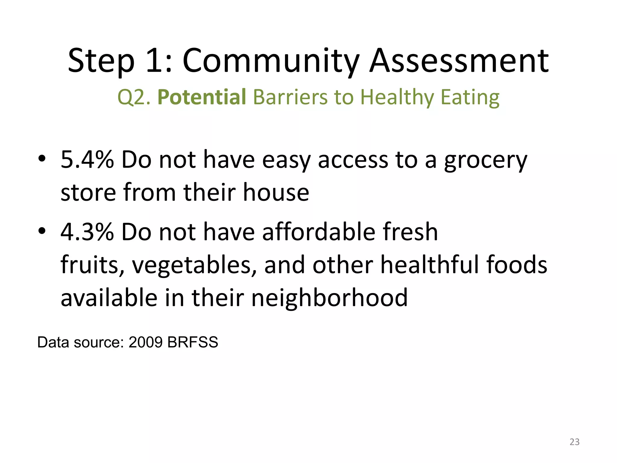 Step 1: Community Assessment
          Q2. Potential Barriers to Healthy Eating

• 5.4% Do not have easy access to a grocery
  store from their house
• 4.3% Do not have affordable fresh
  fruits, vegetables, and other healthful foods
  available in their neighborhood
Data source: 2009 BRFSS




                                                     23
 