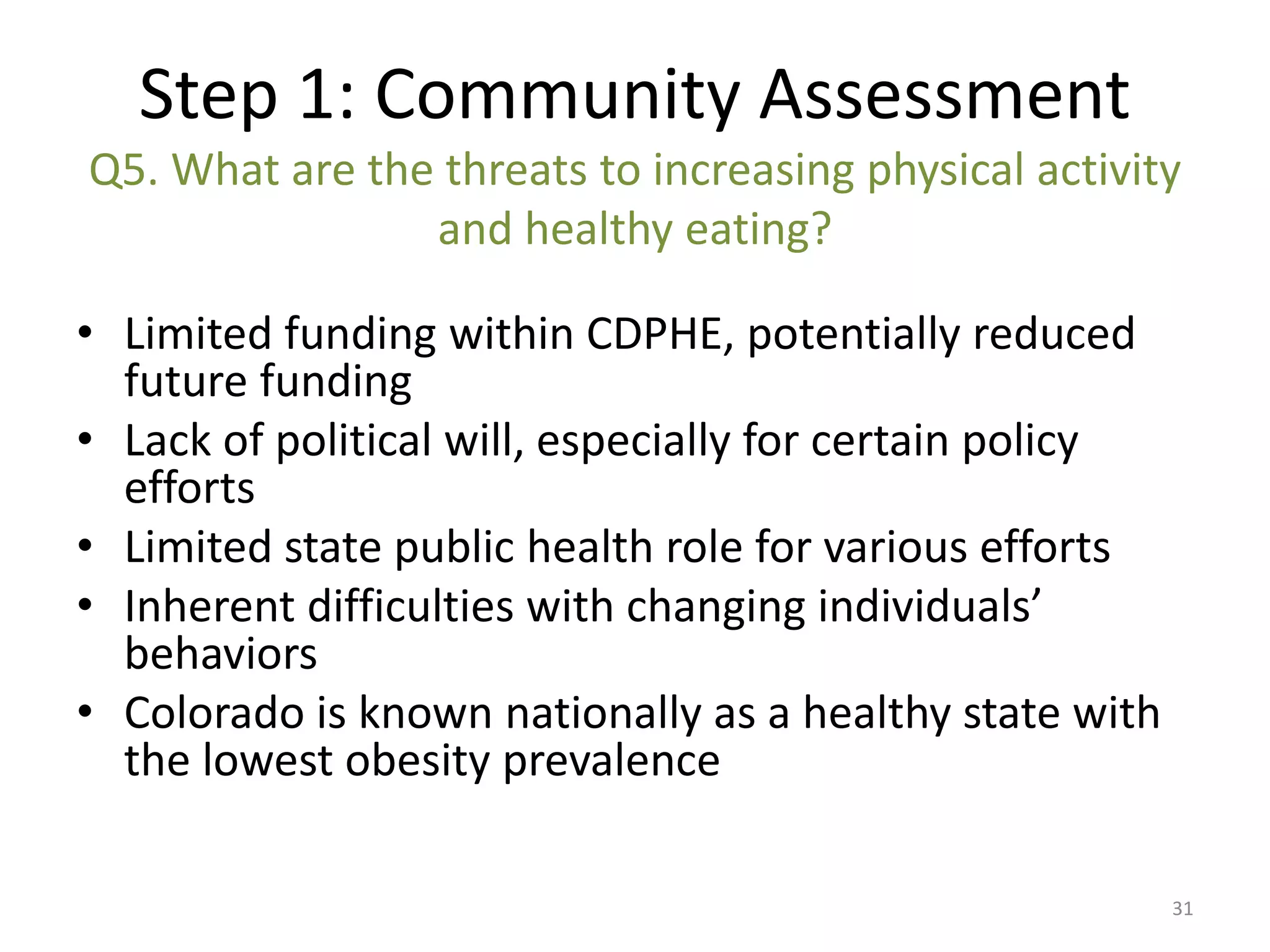 Step 1: Community Assessment
Q5. What are the threats to increasing physical activity
                and healthy eating?

• Limited funding within CDPHE, potentially reduced
  future funding
• Lack of political will, especially for certain policy
  efforts
• Limited state public health role for various efforts
• Inherent difficulties with changing individuals’
  behaviors
• Colorado is known nationally as a healthy state with
  the lowest obesity prevalence

                                                          31
 