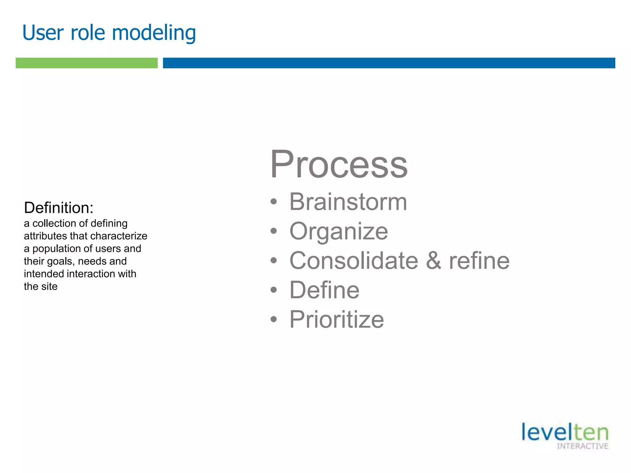 User role modeling
Process
• Brainstorm
• Organize
• Consolidate & refine
• Define
• Prioritize
Definition:
a collection of defining
attributes that characterize
a population of users and
their goals, needs and
intended interaction with
the site
 