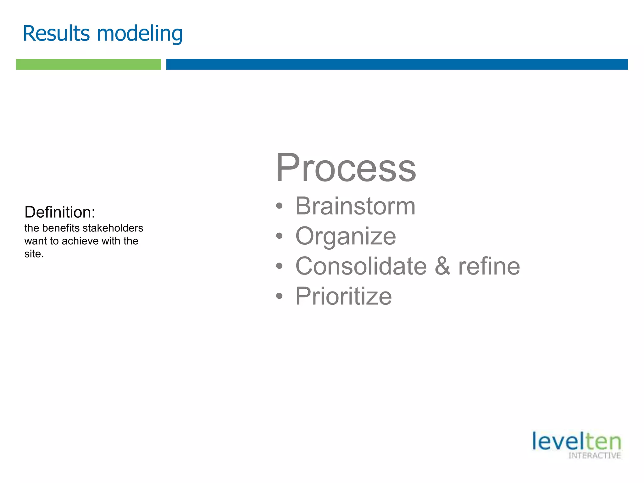 Results modeling
Process
• Brainstorm
• Organize
• Consolidate & refine
• Prioritize
Definition:
the benefits stakeholders
want to achieve with the
site.
 