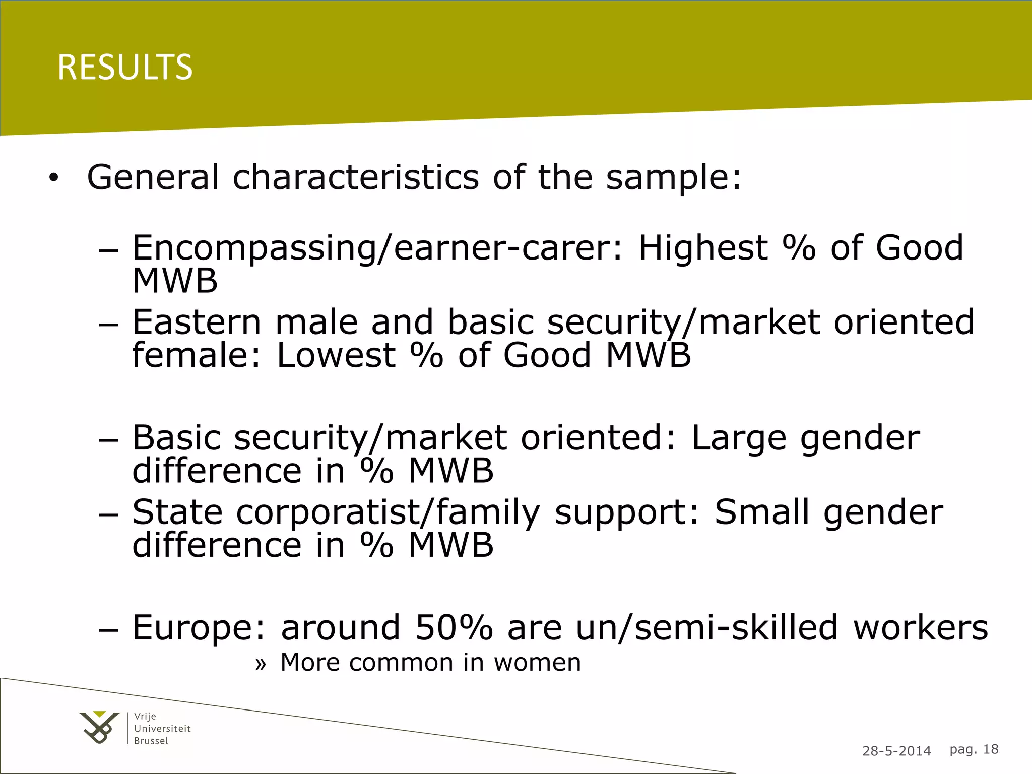 28-5-2014 pag. 18
RESULTS
• General characteristics of the sample:
– Encompassing/earner-carer: Highest % of Good
MWB
– Eastern male and basic security/market oriented
female: Lowest % of Good MWB
– Basic security/market oriented: Large gender
difference in % MWB
– State corporatist/family support: Small gender
difference in % MWB
– Europe: around 50% are un/semi-skilled workers
» More common in women