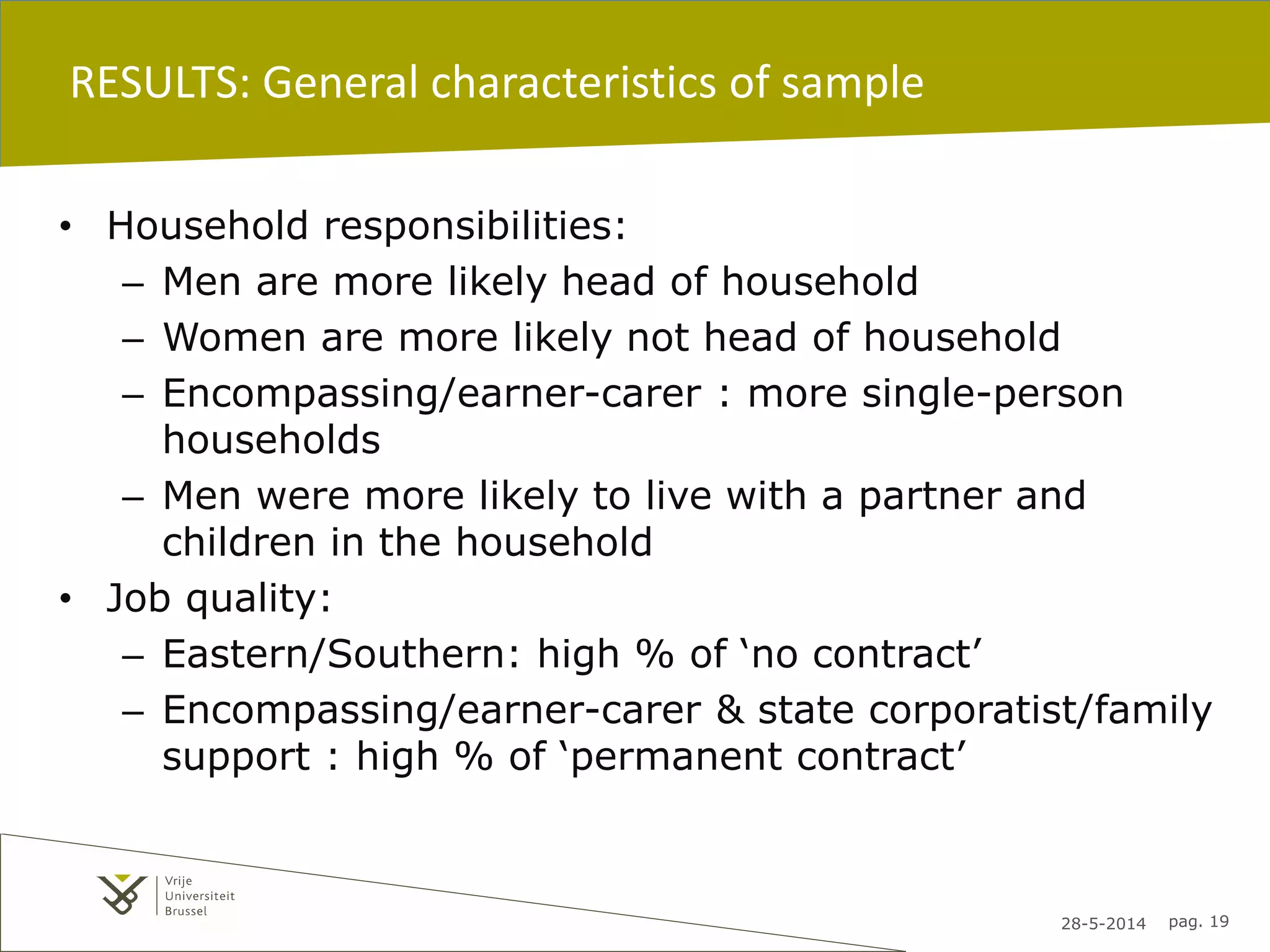 28-5-2014 pag. 19
RESULTS: General characteristics of sample
• Household responsibilities:
– Men are more likely head of household
– Women are more likely not head of household
– Encompassing/earner-carer : more single-person
households
– Men were more likely to live with a partner and
children in the household
• Job quality:
– Eastern/Southern: high % of ‘no contract’
– Encompassing/earner-carer & state corporatist/family
support : high % of ‘permanent contract’