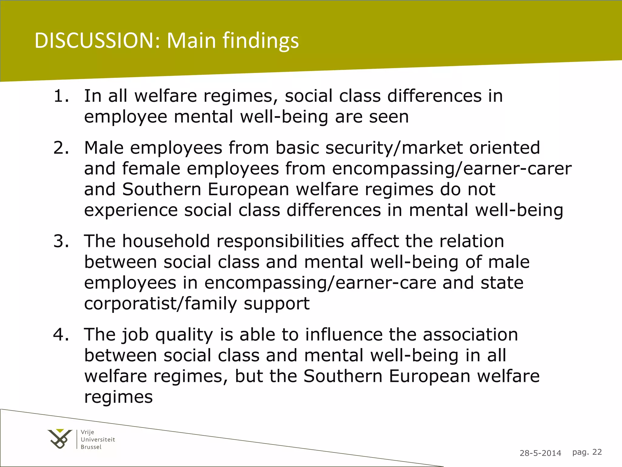 28-5-2014 pag. 22
DISCUSSION: Main findings
1. In all welfare regimes, social class differences in
employee mental well-being are seen
2. Male employees from basic security/market oriented
and female employees from encompassing/earner-carer
and Southern European welfare regimes do not
experience social class differences in mental well-being
3. The household responsibilities affect the relation
between social class and mental well-being of male
employees in encompassing/earner-care and state
corporatist/family support
4. The job quality is able to influence the association
between social class and mental well-being in all
welfare regimes, but the Southern European welfare
regimes
