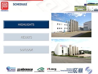 SCHEDULE
HIGHLIGHTS
RESULTS
OUTLOOK
2
Providência USA
Providência USA
 