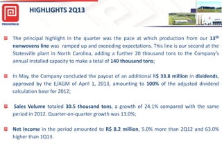 The principal highlight in the quarter was the pace at which production from our 13th
nonwovens line was ramped up and exceeding expectations. This line is our second at the
Statesville plant in North Carolina, adding a further 20 thousand tons to the Company’s
annual installed capacity to make a total of 140 thousand tons;
In May, the Company concluded the payout of an additional R$ 33.8 million in dividends,
approved by the E/AGM of April 1, 2013, amounting to 100% of the adjusted dividend
calculation base for 2012;
Sales Volume totaled 30.5 thousand tons, a growth of 24.1% compared with the same
period in 2012. Quarter-on-quarter growth was 13.0%;
Net Income in the period amounted to R$ 8.2 million, 5.0% more than 2Q12 and 63.0%
higher than 1Q13.
HIGHLIGHTS 2Q13
 