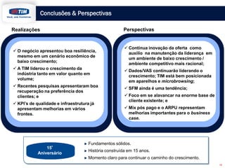 Conclusões & Perspectivas
Perspectivas
18
 O negócio apresentou boa resiliência,
mesmo em um cenário econômico de
baixo crescimento;
 A TIM liderou o crescimento da
indústria tanto em valor quanto em
volume;
 Recentes pesquisas apresentaram boa
recuperação na preferência dos
clientes; e
 KPI’s de qualidade e infraestrutura já
apresentam melhorias em vários
frontes.
 Contínua inovação da oferta como
auxílio na manutenção da liderança em
um ambiente de baixo crescimento /
ambiente competitivo mais racional;
 Dados/VAS continuarão liderando o
crescimento; TIM está bem posicionada
em aparelhos e microbrowsing;
 SFM ainda é uma tendência;
 Foco em se alavancar na enorme base de
cliente existente; e
 Mix pós pago e o ARPU representam
melhorias importantes para o business
case.
Realizações
Fundamentos sólidos.
História construída em 15 anos.
Momento claro para continuar o caminho do crescimento.
15º
Aniversário
 