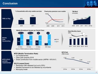 Conclusion

                % Households with only mobile services             Fixed price premium over mobile                 TIM MoU
                                                                    Mobile
                                                                                                                   (minutes)
                                                55%

FMS on Play              49%                                                                                                       129   136
                                                                                                                          116
                                                                                                                    83

                                                                    Fixed

                         2009                   2011                  2006      2009    2011   2014                2009   2010    2011   2012 2015e


                  Mobile Broadband Access per Social Class
                                                                                                         Data Monthly Users
                     +600 bps           +700 bps           x2            x5                              (Mln)

                                                                                                                                         >21
Mobile                                                                                                       ~18
Data                      20%                                            20%           2010
Accelerating                               18%               18%
                    14%                                                                2011
                                     11%                9%
                                                                    4%

                     A Class          B Class           C Class     D/E Class                                4Q11 1Q12 2Q12 3Q12 4Q12

                 Source: PNAD (national institute of statistics)

                                                                                               MTR Path
               MTR (Mobile Termination Rate)                                                   (R$/minute)
               • Cut implemented
               • Clear path towards 2016                                                          0.37             0.33
MTR & EILD     • Great contribution from mobile sector (ARPM -16%YoY)                                                            0.25
partially
                                                                                                                                               0.17
implemented
               EILD (Leased lines)
               • Resolution 590 released (cut up to 30%)
               • Needed framework to be followed by incumbents
               • Monopoly break                                                                  2012a         2013e             2014e         2015e

                                                                                                                                                       21
 