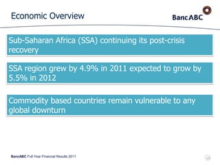 BancABC Full Year Financial Results 2011
Economic Overview
Sub-Saharan Africa (SSA) continuing its post-crisis
recovery
Commodity based countries remain vulnerable to any
global downturn
SSA region grew by 4.9% in 2011 expected to grow by
5.5% in 2012
10
 