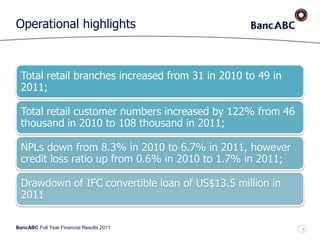 BancABC Full Year Financial Results 2011
Operational highlights
Total retail branches increased from 31 in 2010 to 49 in
2011;
Total retail customer numbers increased by 122% from 46
thousand in 2010 to 108 thousand in 2011;
NPLs down from 8.3% in 2010 to 6.7% in 2011, however
credit loss ratio up from 0.6% in 2010 to 1.7% in 2011;
Drawdown of IFC convertible loan of US$13.5 million in
2011
7
 