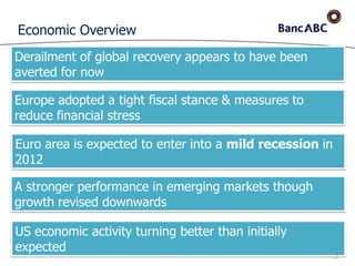 BancABC Full Year Financial Results 2011
Economic Overview
Derailment of global recovery appears to have been
averted for now
Euro area is expected to enter into a mild recession in
2012
A stronger performance in emerging markets though
growth revised downwards
Europe adopted a tight fiscal stance & measures to
reduce financial stress
US economic activity turning better than initially
expected 9
 