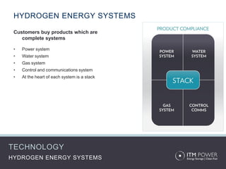 HYDROGEN ENERGY SYSTEMS

 Customers buy products which are
    complete systems

 •   Power system
 •   Water system
 •   Gas system
 •   Control and communications system
 •   At the heart of each system is a stack




TECHNOLOGY
HYDROGEN ENERGY SYSTEMS
 