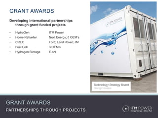 GRANT AWARDS
 Developing international partnerships
    through grant funded projects

 •   HydroGen           ITM Power
 •   Home Refueller     Next Energy; 8 OEM’s
 •   CREO               Ford; Land Rover; JM
 •   Fuel Cell          3 OEM’s
 •   Hydrogen Storage   E.oN




GRANT AWARDS
PARTNERSHIPS THROUGH PROJECTS
 