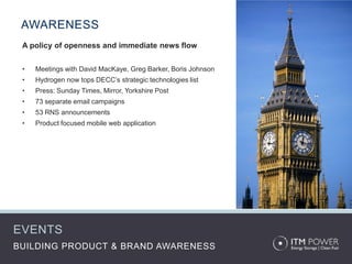 AWARENESS
 A policy of openness and immediate news flow

 •   Meetings with David MacKaye, Greg Barker, Boris Johnson
 •   Hydrogen now tops DECC’s strategic technologies list
 •   Press: Sunday Times, Mirror, Yorkshire Post
 •   73 separate email campaigns
 •   53 RNS announcements
 •   Product focused mobile web application




EVENTS
BUILDING PRODUCT & BRAND AWARENESS
 