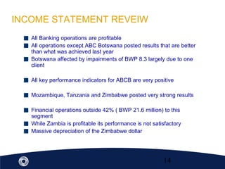 14
INCOME STATEMENT REVEIW
All Banking operations are profitable
All operations except ABC Botswana posted results that are better
than what was achieved last year
Botswana affected by impairments of BWP 8.3 largely due to one
client
All key performance indicators for ABCB are very positive
Mozambique, Tanzania and Zimbabwe posted very strong results
Financial operations outside 42% ( BWP 21.6 million) to this
segment
While Zambia is profitable its performance is not satisfactory
Massive depreciation of the Zimbabwe dollar
 