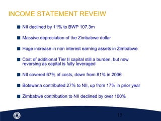 15
INCOME STATEMENT REVEIW
NII declined by 11% to BWP 107.3m
Massive depreciation of the Zimbabwe dollar
Huge increase in non interest earning assets in Zimbabwe
Cost of additional Tier II capital still a burden, but now
reversing as capital is fully leveraged
NII covered 67% of costs, down from 81% in 2006
Botswana contributed 27% to NII, up from 17% in prior year
Zimbabwe contribution to NII declined by over 100%
 
