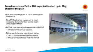 • Full production expected in 18–24 months from
the start up
• New PE Coating line investment to meet
increasing demand for food service board
announced in March
• BCTMP (mechanical) mill operational in Q4 2016
− 220 000 tonnes annual capacity
• Deliveries of chemical pulp already started
− 130 000 tonnes hardwood from Veracel
− 90 000 tonnes softwood from the market
Stora Enso Q1 2016 Results
6
Transformation – Beihai Mill expected to start up in May,
ahead of the plan
28/4/2016
 