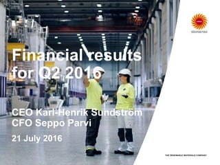Financial results
for Q2 2016
CEO Karl-Henrik Sundström
CFO Seppo Parvi
21 July 2016
 