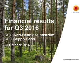 Financial results
for Q3 2016
CEO Karl-Henrik Sundström
CFO Seppo Parvi
25 October 2016
 