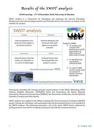 Results of the SWOT analysis
	
  
	
  1	
  
Whale	
  watching	
  AIS	
  Vessel	
  movement	
  Evaluation	
  -­‐
WAVE	
  meeting	
  	
  -­‐	
  17th	
  of	
  December	
  2018,	
  University	
  of	
  Gibraltar	
  
	
  
SWOT	
   analysis	
   is	
   a	
   framework	
   for	
   identifying	
   and	
   analysing	
   the	
   internal	
   (Strengths,	
  
Weaknesses)	
  and	
  external	
  (Opportunities	
  and	
  Threats)	
  factors	
  that	
  can	
  have	
  an	
  impact	
  on	
  the	
  
viability	
  of	
  a	
  project.	
  	
  
	
  
	
  
	
  
	
  
Participants	
  attending	
  the	
  meeting	
  included	
  representatives	
  of	
  the	
  Whale	
  Whatching	
  (WW)	
  
industry	
   (Dolphin	
   Adventure,	
   TURMARES	
   Tarifa	
   and	
   Ecolocaliza),	
   the	
   Marine	
   Mammal	
  
Information,	
  Research	
  &	
  Conservation	
  (MMIRC),	
  the	
  Universities	
  of	
  Gibraltar,	
  Victoria	
  (British	
  
Columbia,	
  Canada)	
  and	
  Cádiz	
  (Spain).	
  
	
  
SWOT	
  analysis	
  was	
  applied	
  to	
  the	
  Whale	
  watching	
  AIS	
  Vessel	
  movement	
  Evaluation	
  (WAVE)	
  
project.	
  During	
  the	
  workshop,	
  each	
  participant	
  listed	
  all	
  the	
  potential	
  factors	
  to	
  be	
  included	
  in	
  
the	
  SWOT	
  analyses.	
  The	
  following	
  represents	
  a	
  list	
  of	
  the	
  entire	
  SWOT	
  factors	
  obtained	
  by	
  
pooling	
  answers	
  from	
  all	
  the	
  workshop	
  participants	
  (in	
  bold	
  the	
  common	
  answers).	
  
	
  
	
  
	
  
	
  
	
  
	
  
 