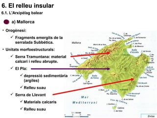66.. EEll rreelllleeuu iinnssuullaarr 
6.1. L'Arxipèlag balear 
a) Mallorca 
• Orogènesi: 
 Fragments emergits de la 
serralada Subbètica. 
• Unitats morfoestructurals: 
 Serra Tramuntana: material 
calcari i relleu abrupte. 
 El Pla: 
depressió sedimentària 
(argiles) 
Relleu suau 
 Serra de Llevant 
Materials calcaris 
Relleu suau 
 