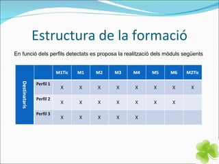 Estructura de la formació En funció dels perfils detectats es proposa la realització dels mòduls següents 