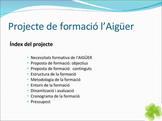 Projecte de formació l’Aigüer Índex del projecte Necessitats formativa de l'AIGÜER Proposta de formació: objectius Proposta de formació:  continguts  Estructura de la formació  Metodologia de la formació Entorn de la formació Dinamització i avaluació Cronograma  de la formació Pressupost 