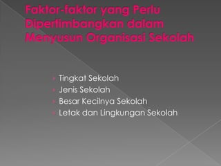 › Tingkat Sekolah
› Jenis Sekolah
› Besar Kecilnya Sekolah
› Letak dan Lingkungan Sekolah
 