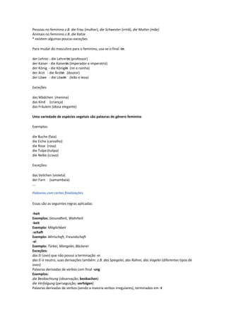 Pessoas no feminino z.B. die Frau (mulher), die Schwester (irmã), die Mutter (mãe)
Animais no feminino z.B. die Katze
* existem algumas poucas exceções
Para mudar do masculino para o feminino, usa-se o final -in.
der Lehrer - die Lehrerin (professor)
der Kaiser - die Kaiserin (imperador e imperatriz)
der König - die Königin (rei e rainha)
der Arzt - die Ärztin (doutor)
der Löwe - die Löwin (leão e leoa)
Exceções
das Mädchen (menina)
das Kind (criança)
das Fräulein (idosa elegante)
Uma variedade de espécies vegetais são palavras do gênero feminino
Exemplos:
die Buche (faia)
die Eiche (carvalho)
die Rose (rosa)
die Tulpe (tulipa)
die Nelke (cravo)
Exceções:
das Veilchen (violeta)
der Farn (samambaia)
...
Palavras com certas finalizações
Essas são as seguintes regras aplicadas:
-heit
Exemplos: Gesundheit, Wahrheit
-keit
Exemplo: Möglichkeit
-schaft
Exemplo: Wirtschaft, Freundschaft
-ei
Exemplo: Türkei, Mongolei, Bäckerei
Exceções:
das Ei (ovo) que não possui a terminação -ei
das Ei é neutro, suas derivações também: z.B. das Spiegelei, das Rührei, das Vogelei (diferentes tipos de
ovos)
Palavras derivadas de verbos com final -ung
Exemplos:
die Beobachtung (observação; beobachen)
die Verfolgung (perseguição; verfolgen)
Palavras derivadas de verbos (sendo a maioria verbos irregulares), terminados em -t
 