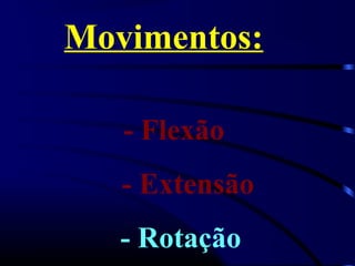 Movimentos:

   - Flexão
   - Extensão
   - Rotação
 