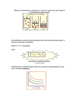 Observe: Aumentando a pressão de 1 para 4 o volume cai de 16 para 4.
(Inversamente proporcional)
Na matemática, quando duas grandezas são inversamente proporcionais, o
produto entre elas é constante.
Então: P x V = (constante)
Logo:
Aplicando ao exemplo anterior:
1 x 16 = 4 x 4
Graficamente, a transformação isotérmica, pode ser representada por uma
curva chamada isoterma.
 