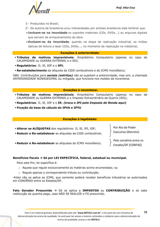 Prof. Vítor Cruz
75Este é um material gratuito, disponibilizado pelo site “www.NOTA11.com.br”, e faz parte de uma iniciativa de
democratização do ensino de qualidade. Se você quer ter acesso a maiores conteúdos e colaborar para a democratização do
ensino de qualidade, acesse o site NOTA11.
1- Produzidos no Brasil;
2- De autoria de brasileiros e/ou interpretadas por artistas brasileiros.Vale lembrar que:
• Incluem-se na imunidade os suportes materiais (CDs, DVDs...) ou arquivos digitais
que servem de armazenamento da obra.
• Excluem-se da imunidade, quando na etapa de replicação industrial, as mídias
ópticas de leitura a laser (CDs, DVDs..., no momento da replicação na indústria).
Exceções à anterioridade:
Tributos de motivos imprevisíveis: Empréstimo Compulsório (apenas no caso de
CALAMIDADE ou GUERRA EXTERNA) e o IEG;
Regulatórios: II, IE, IOF e o IPI;
Re-estabelecimento da alíquota da CIDE combustíveis e do ICMS monofásico;
OBS. Contribuições para sociais (estritas) não se sujeitam a anterioridade, mas sim, a chamada
ANTERIORIDADE NONAGESIMAL ou mitigada, que funciona nos moldes da noventena.
Exceções à noventena:
Tributos de motivos imprevisíveis: Empréstimo Compulsório (apenas no caso de
CALAMIDADE ou GUERRA EXTERNA) e o Imposto Extraordinário de Guerra (IEG);
Regulatórios: II, IE, IOF e o IR; (troca o IPI pelo Imposto de Renda aqui)
Fixação da base de cálculo do IPVA e IPTU
Exceções à legalidade:
Alterar as ALÍQUOTAS dos regulatórios: II, IE, IPI, IOF;
Reduzir e Re-estabelecer as alíquotas da CIDE combustível;
Reduzir e Re-estabelecer as alíquotas do ICMS monofásico;
Benefícios fiscais Só por LEI ESPECÍFICA, federal, estadual ou municipal.
Para este fim, lei específica é:
o Aquela que regule exclusivamente as matérias acima enumeradas; ou
o Regule apenas o correspondente tributo ou contribuição.
Isto não se aplica ao ICMS, que somente poderá receber benefícios tributários se autorizados
em CONVÊNIO entre os Estados/DF.
Fato Gerador Presumido Só se aplica a IMPOSTOS ou CONTRIBUIÇÃO e só cabe
restituição da quantia paga, caso NÃO SE REALIZE o FG presumido.
Por Ato do Poder
Executivo (Decreto)
Pelo convênio entre os
Estados/DF (CONFAZ)
 