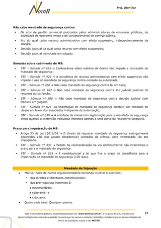 Prof. Vítor Cruz
17Este é um material gratuito, disponibilizado pelo site “www.NOTA11.com.br”, e faz parte de uma iniciativa de
democratização do ensino de qualidade. Se você quer ter acesso a maiores conteúdos e colaborar para a democratização do
ensino de qualidade, acesse o site NOTA11.
Não cabe mandado de segurança contra:
Os atos de gestão comercial praticados pelos administradores de empresas públicas, de
sociedade de economia mista e de concessionárias de serviço público.
Ato do qual caiba recurso administrativo com efeito suspensivo, independentemente de
caução;
Decisão judicial da qual caiba recurso com efeito suspensivo;
Decisão judicial transitada em julgado.
Súmulas sobre cabimento de MS:
STF – Súmula nº 625 → Controvérsia sobre matéria de direito não impede a concessão de
mandado de segurança;
STF – Súmula nº 429 → A existência de recurso administrativo com efeito suspensivo não
impede o uso do mandado de segurança contra omissão da autoridade;
STF – Súmula nº 266 → Não cabe mandado de segurança contra lei em tese;
STF – Súmula nº 267 → Não cabe mandado de segurança contra ato judicial passível de
recursos ou correição.
STF - Súmula nº 268 → Não cabe mandado de segurança contra decisão judicial com
trânsito em julgado.
STF - Súmula nº 629 →A impetração de mandado de segurança coletivo por entidade de
classe em favor dos associados independe da autorização;
STF - Súmula nº 630 → A entidade de classe tem legitimação para o mandado de segurança
ainda quando a pretensão veiculada interesse apenas a uma parte da respectiva categoria.
Prazo para impetração de MS:
Artigo 23 da Lei 12016/09 → O direito de requerer mandado de segurança extinguir-se-á
decorridos 120 dias (prazo decadencial) contados da ciência, pelo interessado, do ato
impugnado.
STF – Súmula nº 430 → Pedido de reconsideração na via administrativa não interrompe o
prazo para o mandado de segurança.
STF – Súmula nº 623 → É constitucional a lei que fixa o prazo de decadência para a
impetração de mandado de segurança (120 dias).
Mandado de Injunção
• Motivo: Falta de norma regulamentadora tornando inviável o exercício:
dos direitos e liberdades constitucionais;
das prerrogativas inerentes à:
♦ nacionalidade;
♦ soberania; e
♦ cidadania.
• Quem pode usar: Qualquer pessoa.
 