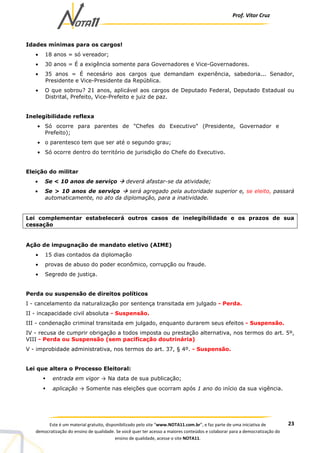 Prof. Vítor Cruz
23Este é um material gratuito, disponibilizado pelo site “www.NOTA11.com.br”, e faz parte de uma iniciativa de
democratização do ensino de qualidade. Se você quer ter acesso a maiores conteúdos e colaborar para a democratização do
ensino de qualidade, acesse o site NOTA11.
Idades mínimas para os cargos!
• 18 anos = só vereador;
• 30 anos = É a exigência somente para Governadores e Vice-Governadores.
• 35 anos = É necesário aos cargos que demandam experiência, sabedoria... Senador,
Presidente e Vice-Presidente da República.
• O que sobrou? 21 anos, aplicável aos cargos de Deputado Federal, Deputado Estadual ou
Distrital, Prefeito, Vice-Prefeito e juiz de paz.
Inelegibilidade reflexa
• Só ocorre para parentes de "Chefes do Executivo" (Presidente, Governador e
Prefeito);
• o parentesco tem que ser até o segundo grau;
• Só ocorre dentro do território de jurisdição do Chefe do Executivo.
Eleição do militar
• Se < 10 anos de serviço deverá afastar-se da atividade;
• Se > 10 anos de serviço será agregado pela autoridade superior e, se eleito, passará
automaticamente, no ato da diplomação, para a inatividade.
Lei complementar estabelecerá outros casos de inelegibilidade e os prazos de sua
cessação
Ação de impugnação de mandato eletivo (AIME)
• 15 dias contados da diplomação
• provas de abuso do poder econômico, corrupção ou fraude.
• Segredo de justiça.
Perda ou suspensão de direitos políticos
I - cancelamento da naturalização por sentença transitada em julgado - Perda.
II - incapacidade civil absoluta - Suspensão.
III - condenação criminal transitada em julgado, enquanto durarem seus efeitos - Suspensão.
IV - recusa de cumprir obrigação a todos imposta ou prestação alternativa, nos termos do art. 5º,
VIII - Perda ou Suspensão (sem pacificação doutrinária)
V - improbidade administrativa, nos termos do art. 37, § 4º. - Suspensão.
Lei que altera o Processo Eleitoral:
entrada em vigor → Na data de sua publicação;
aplicação → Somente nas eleições que ocorram após 1 ano do início da sua vigência.
 