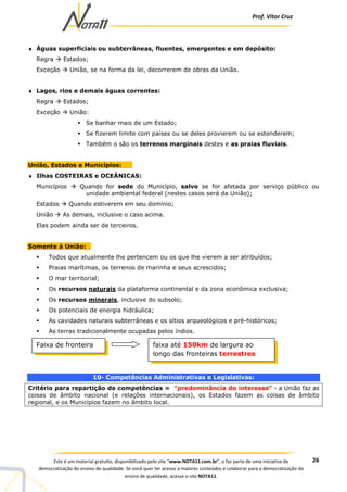 Prof. Vítor Cruz
26Este é um material gratuito, disponibilizado pelo site “www.NOTA11.com.br”, e faz parte de uma iniciativa de
democratização do ensino de qualidade. Se você quer ter acesso a maiores conteúdos e colaborar para a democratização do
ensino de qualidade, acesse o site NOTA11.
♦ Águas superficiais ou subterrâneas, fluentes, emergentes e em depósito:
Regra Estados;
Exceção União, se na forma da lei, decorrerem de obras da União.
♦ Lagos, rios e demais águas correntes:
Regra Estados;
Exceção União:
Se banhar mais de um Estado;
Se fizerem limite com países ou se deles provierem ou se estenderem;
Também o são os terrenos marginais destes e as praias fluviais.
União, Estados e Municípios:
♦ Ilhas COSTEIRAS e OCEÂNICAS:
Municípios Quando for sede do Município, salvo se for afetada por serviço público ou
unidade ambiental federal (nestes casos será da União);
Estados Quando estiverem em seu domínio;
União As demais, inclusive o caso acima.
Elas podem ainda ser de terceiros.
Somente à União:
Todos que atualmente lhe pertencem ou os que lhe vierem a ser atribuídos;
Praias marítimas, os terrenos de marinha e seus acrescidos;
O mar territorial;
Os recursos naturais da plataforma continental e da zona econômica exclusiva;
Os recursos minerais, inclusive do subsolo;
Os potenciais de energia hidráulica;
As cavidades naturais subterrâneas e os sítios arqueológicos e pré-históricos;
As terras tradicionalmente ocupadas pelos índios.
10- Competências Administrativas e Legislativas:
Critério para repartição de competências = "predominância do interesse" - a União faz as
coisas de âmbito nacional (e relações internacionais), os Estados fazem as coisas de âmbito
regional, e os Municípios fazem no âmbito local.
Faixa de fronteira faixa até 150km de largura ao
longo das fronteiras terrestres
 